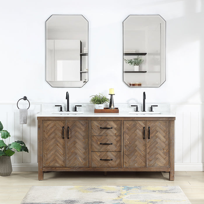 72-Inch Sable Rustic Double Bathroom Vanity – Spruce Gray Cabinet with White Stone Surface and Ample Storage