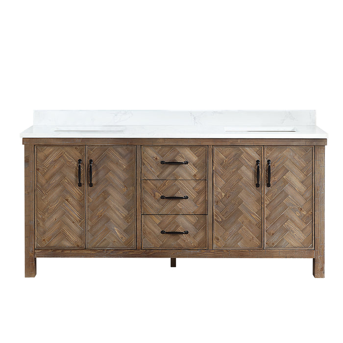 72-Inch Sable Rustic Double Bathroom Vanity – Spruce Gray Cabinet with White Stone Surface and Ample Storage