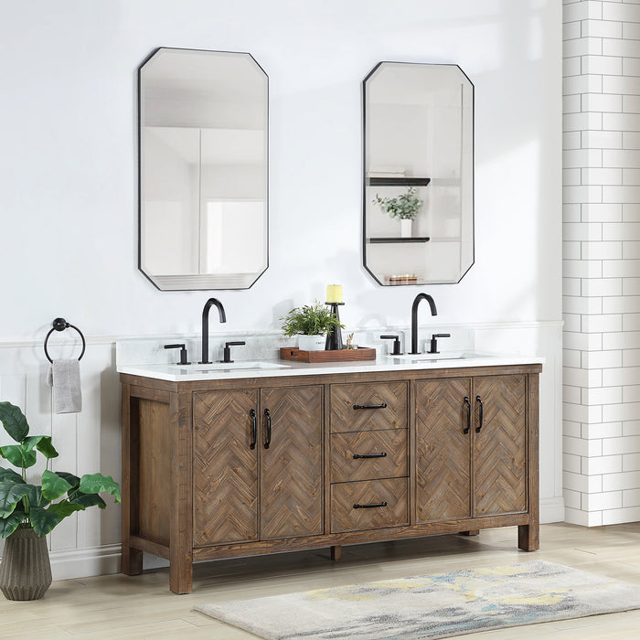 72-Inch Sable Rustic Double Bathroom Vanity – Spruce Gray Cabinet with White Stone Surface and Ample Storage