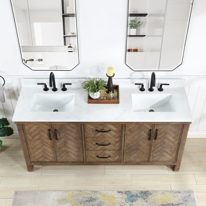 72-Inch Sable Rustic Double Bathroom Vanity – Spruce Gray Cabinet with White Stone Surface and Ample Storage