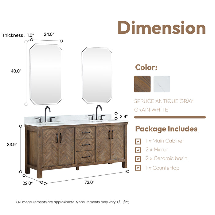 72-Inch Sage Freestanding Double Sink Vanity – Antique Gray Cabinet with White Stone Countertop & Matching Mirror
