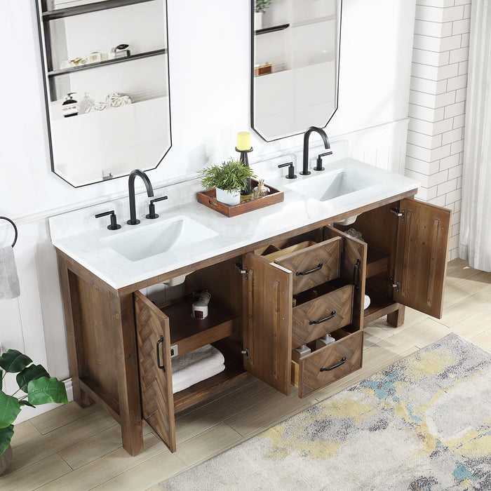 72-Inch Sage Freestanding Double Sink Vanity – Antique Gray Cabinet with White Stone Countertop & Matching Mirror