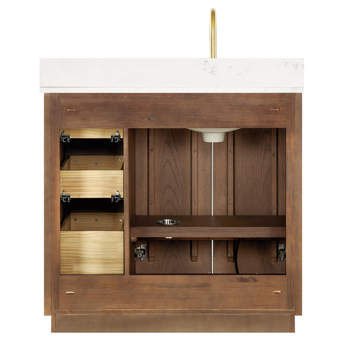 36 Inch Dahlia Bathroom Vanity – Aged Oak Cabinet with Soft-Close Drawers & White Quartz Top