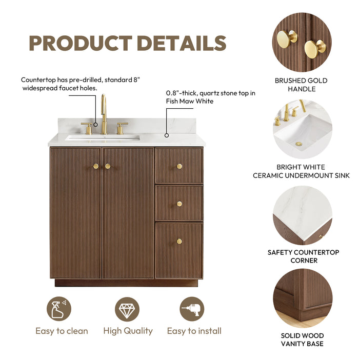 36 Inch Dahlia Bathroom Vanity – Aged Oak Cabinet with Soft-Close Drawers & White Quartz Top