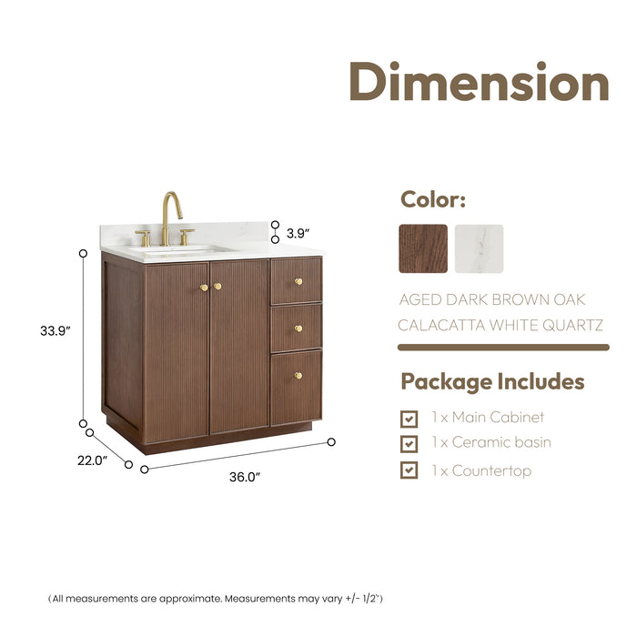 36 Inch Dahlia Bathroom Vanity – Aged Oak Cabinet with Soft-Close Drawers & White Quartz Top