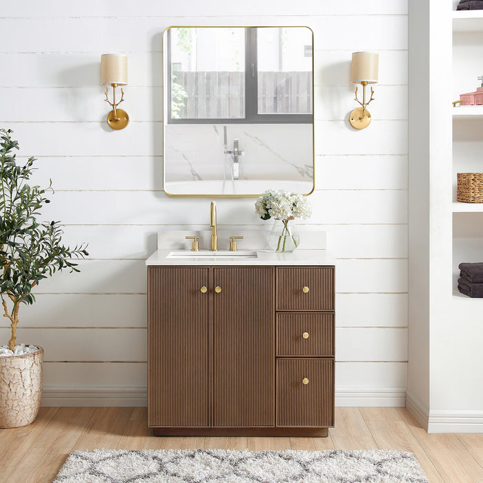 36 Inch Dahlia Bathroom Vanity – Aged Oak Cabinet with Soft-Close Drawers & White Quartz Top