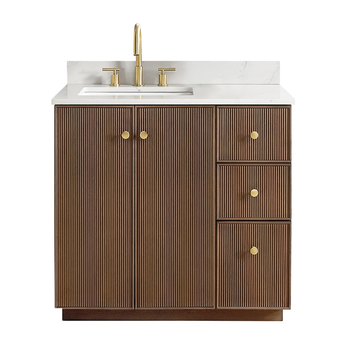 36 Inch Dahlia Bathroom Vanity – Aged Oak Cabinet with Soft-Close Drawers & White Quartz Top