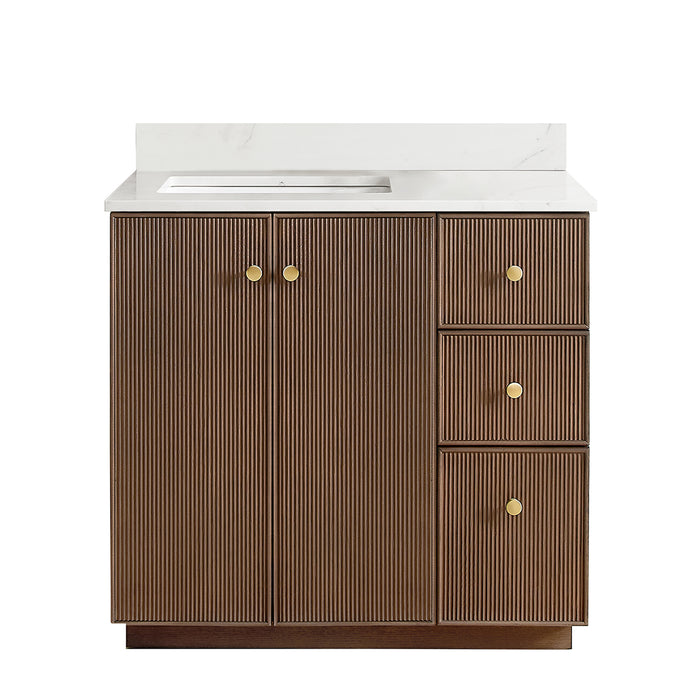 36 Inch Dahlia Bathroom Vanity – Aged Oak Cabinet with Soft-Close Drawers & White Quartz Top