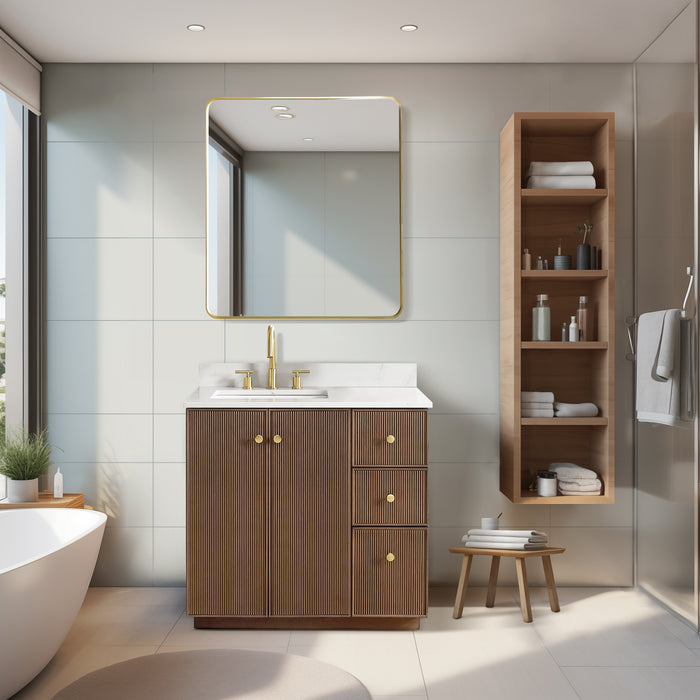 36 Inch Dahlia Bathroom Vanity – Aged Oak Cabinet with Soft-Close Drawers & White Quartz Top