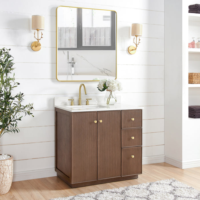 36 Inch Dahlia Bathroom Vanity – Aged Oak Cabinet with Soft-Close Drawers & White Quartz Top