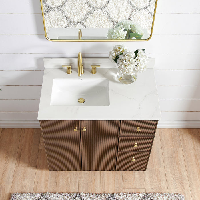 36 Inch Dahlia Bathroom Vanity – Aged Oak Cabinet with Soft-Close Drawers & White Quartz Top