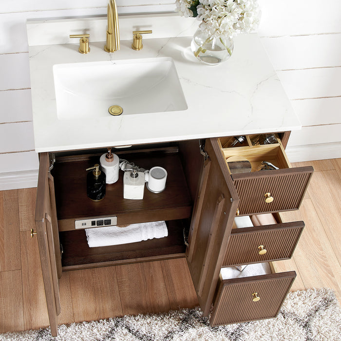36 Inch Dahlia Bathroom Vanity – Aged Oak Cabinet with Soft-Close Drawers & White Quartz Top