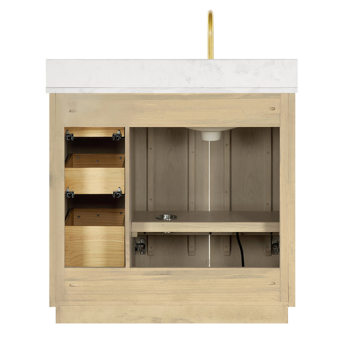 36-Inch Decco Bathroom Vanity – Freestanding Natural Oak Cabinet with White Quartz Top and Soft-Close Drawers