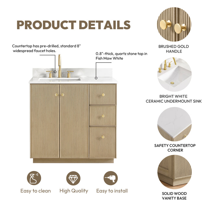 36-Inch Decco Bathroom Vanity – Freestanding Natural Oak Cabinet with White Quartz Top and Soft-Close Drawers