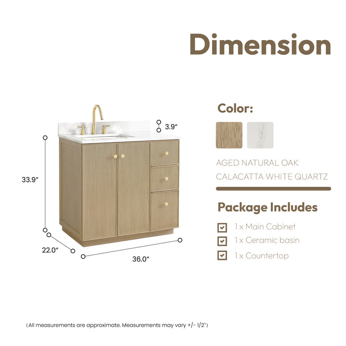 36-Inch Decco Bathroom Vanity – Freestanding Natural Oak Cabinet with White Quartz Top and Soft-Close Drawers