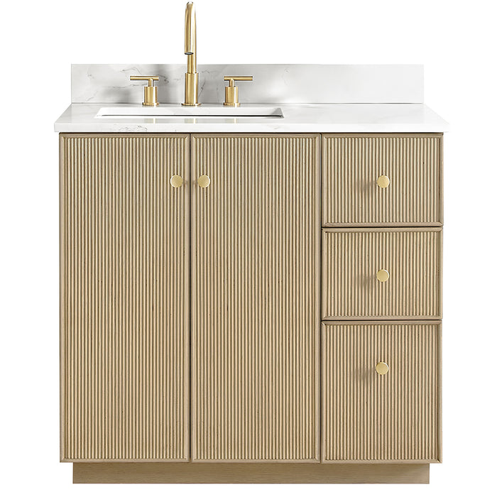 36-Inch Decco Bathroom Vanity – Freestanding Natural Oak Cabinet with White Quartz Top and Soft-Close Drawers