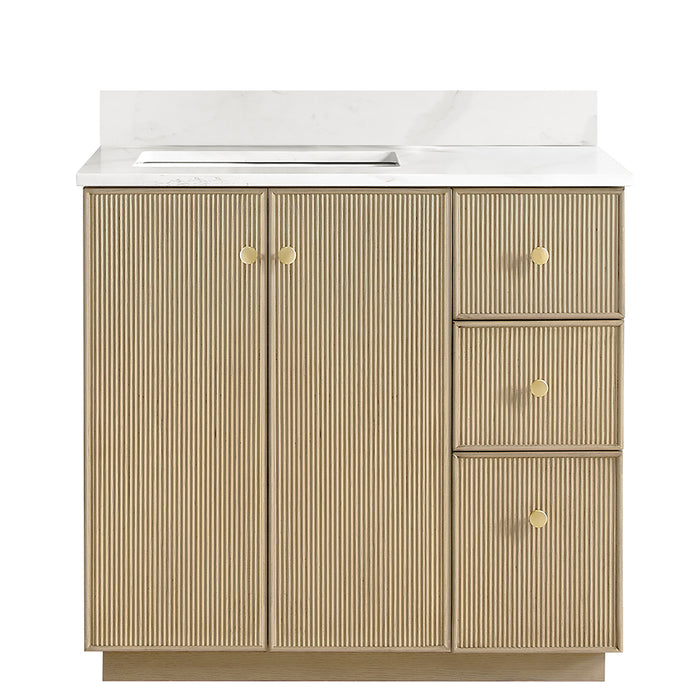 36-Inch Decco Bathroom Vanity – Freestanding Natural Oak Cabinet with White Quartz Top and Soft-Close Drawers