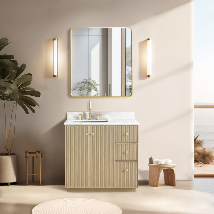 36-Inch Decco Bathroom Vanity – Freestanding Natural Oak Cabinet with White Quartz Top and Soft-Close Drawers