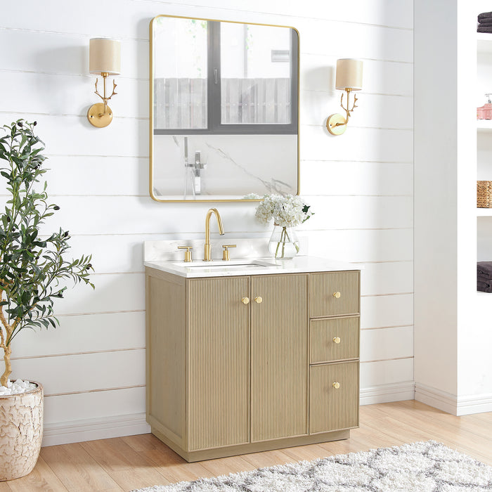36-Inch Decco Bathroom Vanity – Freestanding Natural Oak Cabinet with White Quartz Top and Soft-Close Drawers