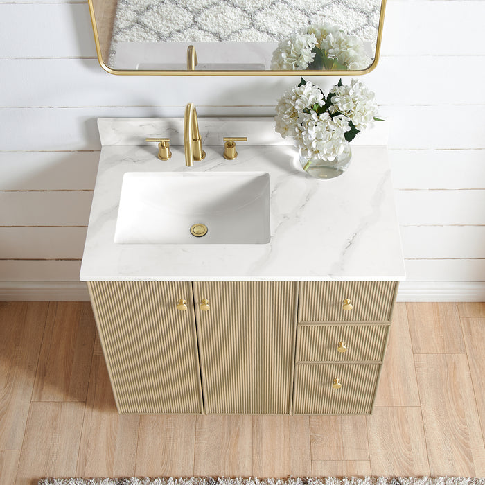 36-Inch Decco Bathroom Vanity – Freestanding Natural Oak Cabinet with White Quartz Top and Soft-Close Drawers