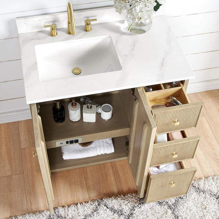 36-Inch Decco Bathroom Vanity – Freestanding Natural Oak Cabinet with White Quartz Top and Soft-Close Drawers