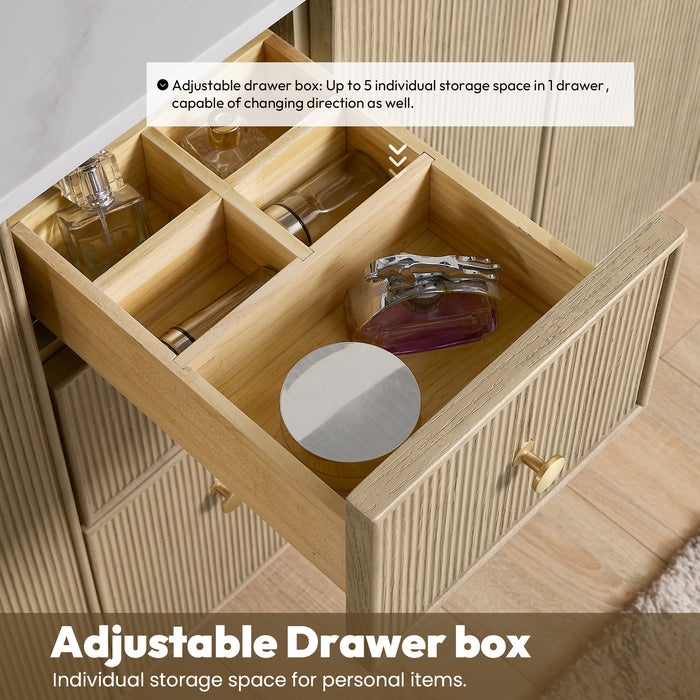 36-Inch Decco Bathroom Vanity – Freestanding Natural Oak Cabinet with White Quartz Top and Soft-Close Drawers