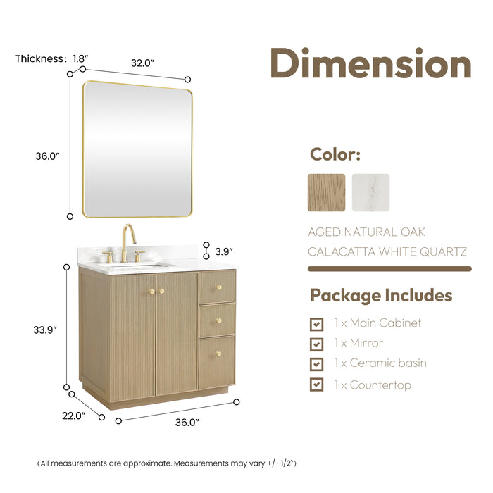 36 Inch Datura Vanity – Freestanding Aged Oak Cabinet with Soft-Close Drawers, Quartz Top & Mirror