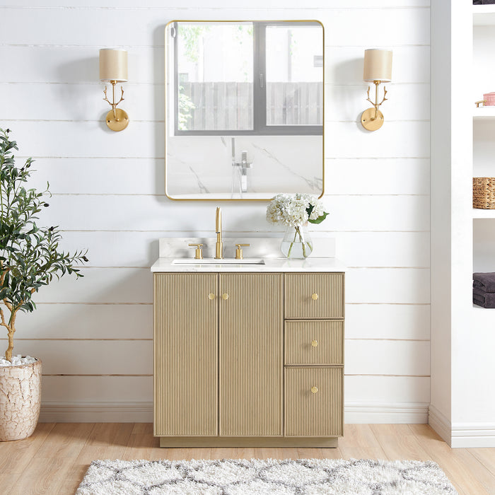 36 Inch Datura Vanity – Freestanding Aged Oak Cabinet with Soft-Close Drawers, Quartz Top & Mirror