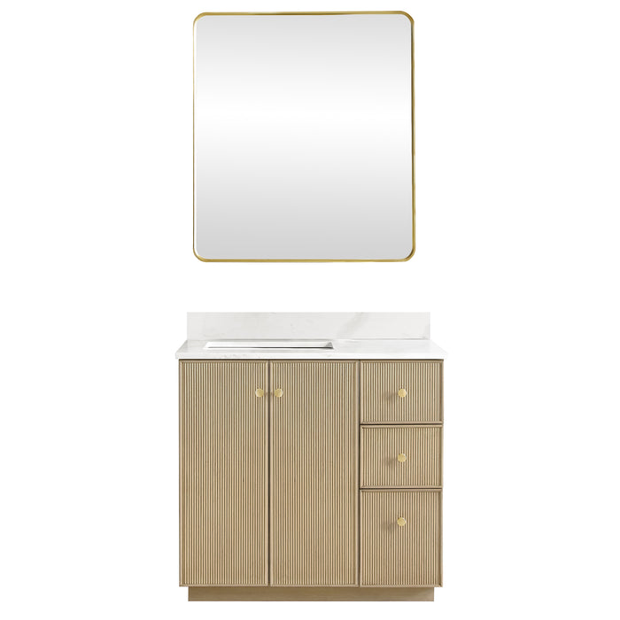 36 Inch Datura Vanity – Freestanding Aged Oak Cabinet with Soft-Close Drawers, Quartz Top & Mirror