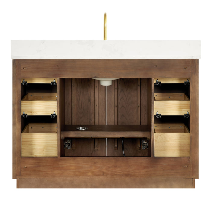 48-Inch Dark Brown Oak Concord Vanity Single Sink Freestanding Bathroom Cabinet with Fish Maw Quartz Top Mirror Included