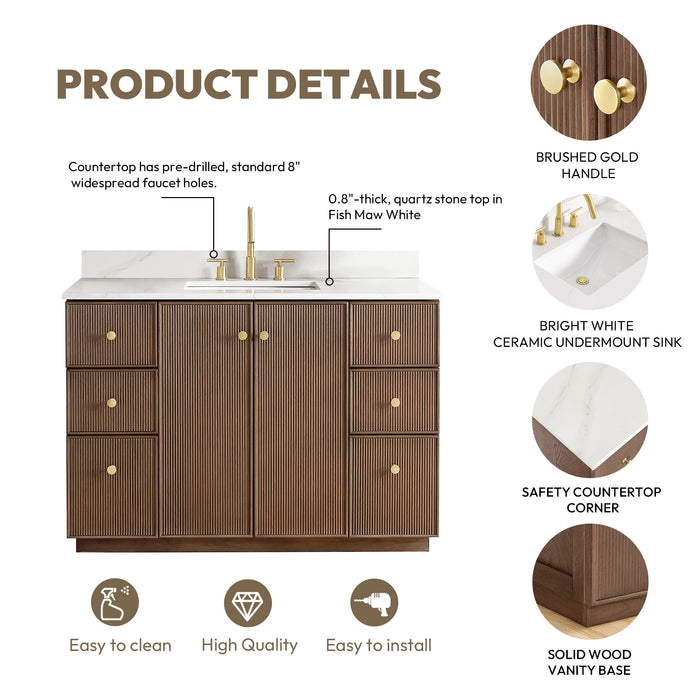 48-Inch Dark Brown Oak Concord Vanity Single Sink Freestanding Bathroom Cabinet with Fish Maw Quartz Top Mirror Included