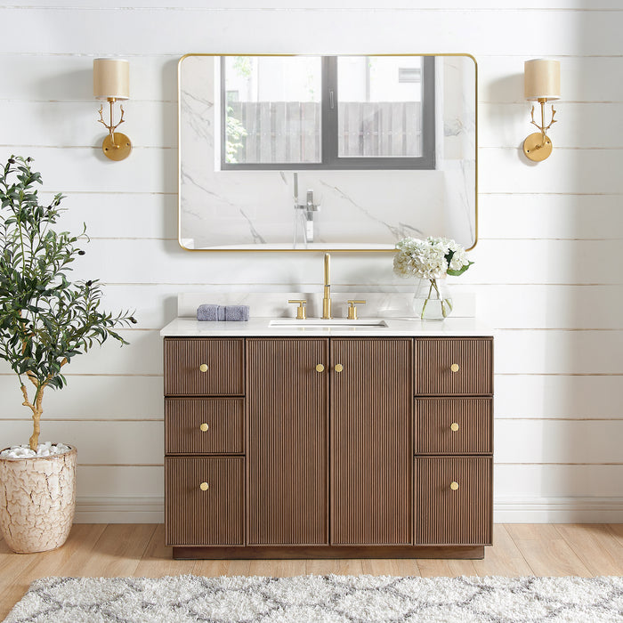 48-Inch Dark Brown Oak Concord Vanity Single Sink Freestanding Bathroom Cabinet with Fish Maw Quartz Top Mirror Included
