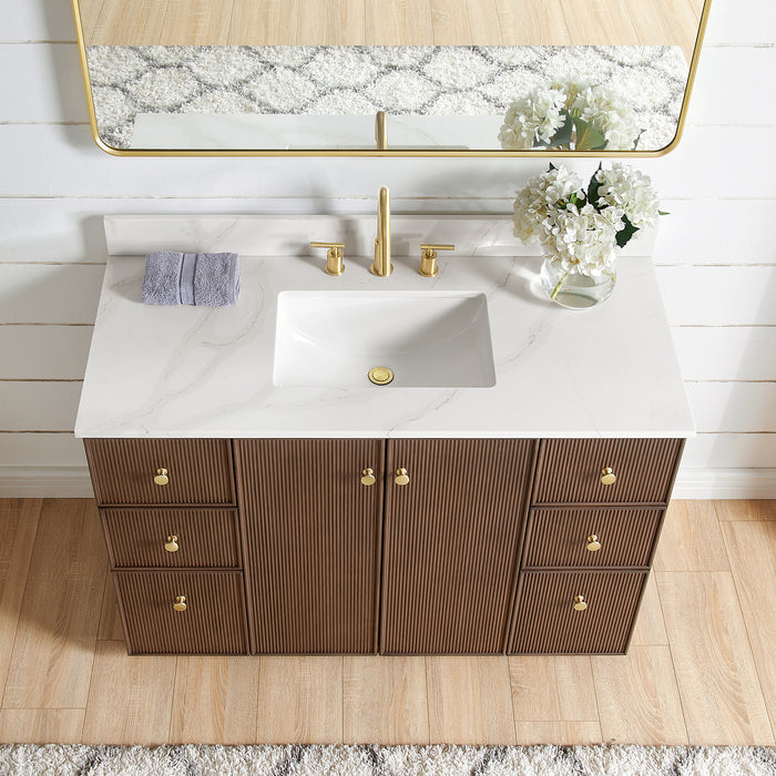 48-Inch Dark Brown Oak Concord Vanity Single Sink Freestanding Bathroom Cabinet with Fish Maw Quartz Top Mirror Included