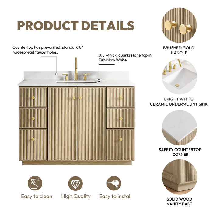 48-Inch Corinth Single Vanity in Aged Natural Oak with Fish Maw White Quartz Countertop and Matching Mirror