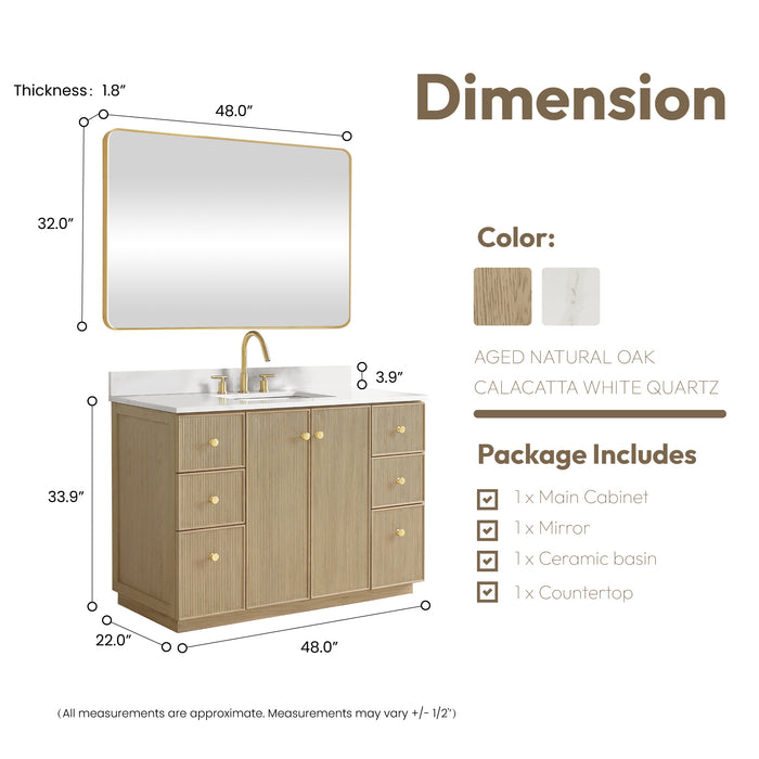 48-Inch Corinth Single Vanity in Aged Natural Oak with Fish Maw White Quartz Countertop and Matching Mirror