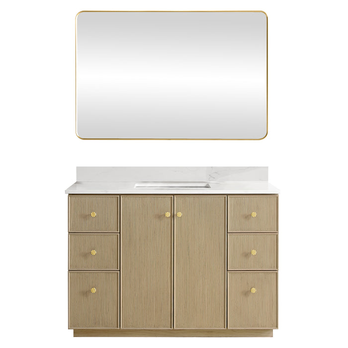 48-Inch Corinth Single Vanity in Aged Natural Oak with Fish Maw White Quartz Countertop and Matching Mirror