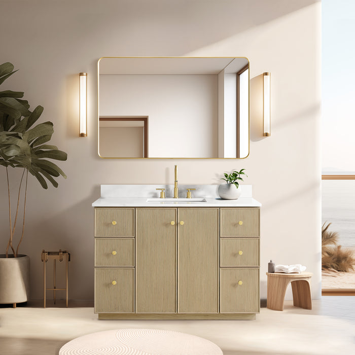 48-Inch Corinth Single Vanity in Aged Natural Oak with Fish Maw White Quartz Countertop and Matching Mirror