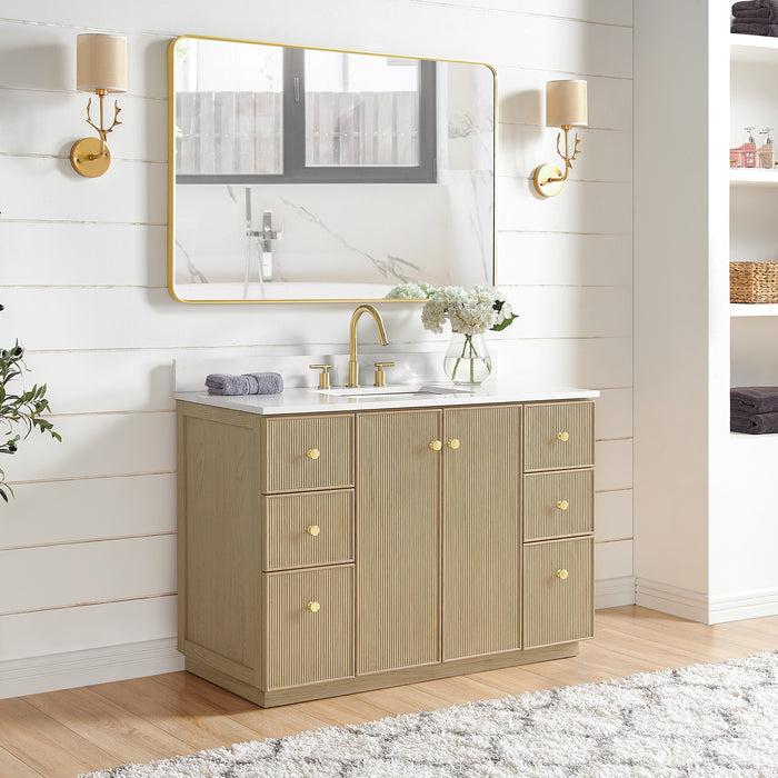 48-Inch Corinth Single Vanity in Aged Natural Oak with Fish Maw White Quartz Countertop and Matching Mirror