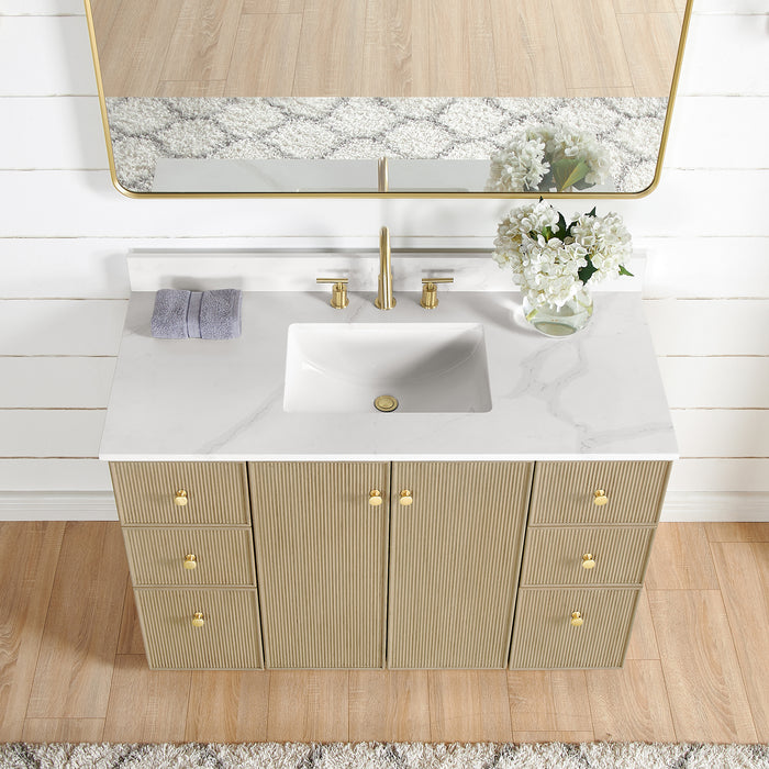 48-Inch Corinth Single Vanity in Aged Natural Oak with Fish Maw White Quartz Countertop and Matching Mirror
