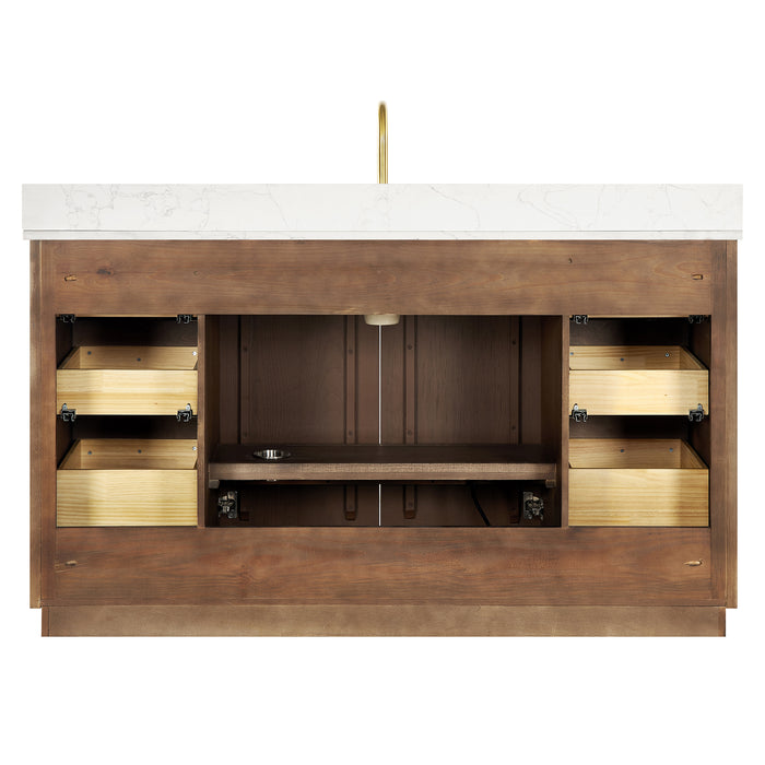 60-Inch Courant Single Sink Freestanding Bathroom Vanity - Dark Brown Oak with Fish Maw White Quartz & Matching Mirror