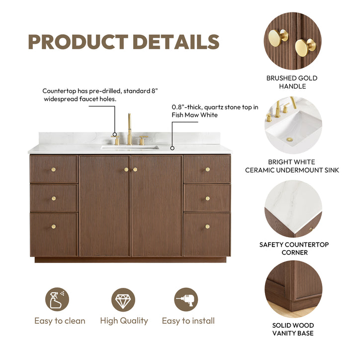 60-Inch Courant Single Sink Freestanding Bathroom Vanity - Dark Brown Oak with Fish Maw White Quartz & Matching Mirror