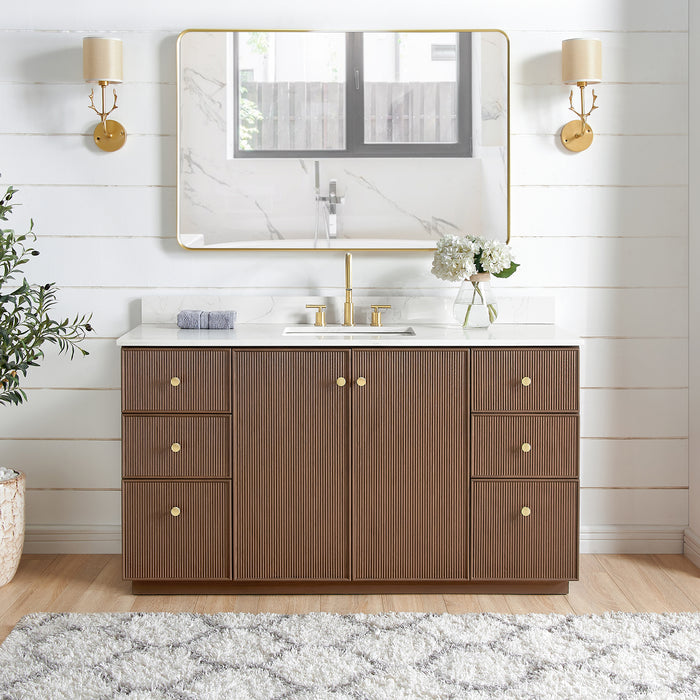 60-Inch Courant Single Sink Freestanding Bathroom Vanity - Dark Brown Oak with Fish Maw White Quartz & Matching Mirror