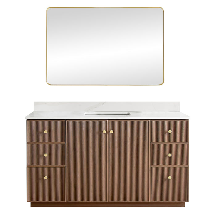60-Inch Courant Single Sink Freestanding Bathroom Vanity - Dark Brown Oak with Fish Maw White Quartz & Matching Mirror