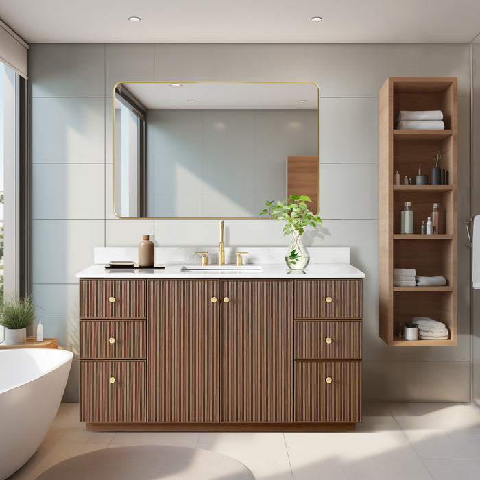 60-Inch Courant Single Sink Freestanding Bathroom Vanity - Dark Brown Oak with Fish Maw White Quartz & Matching Mirror