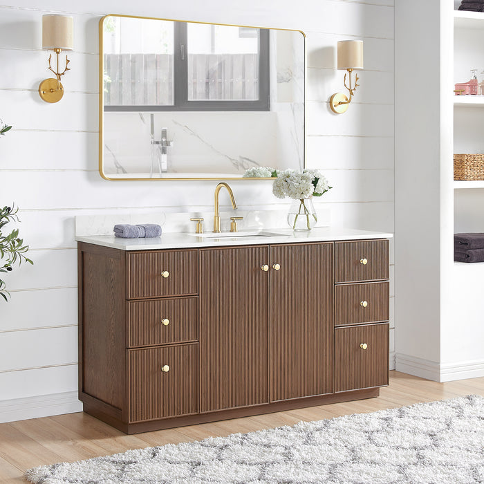 60-Inch Courant Single Sink Freestanding Bathroom Vanity - Dark Brown Oak with Fish Maw White Quartz & Matching Mirror