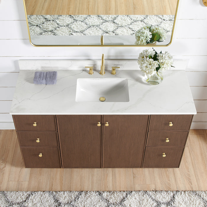60-Inch Courant Single Sink Freestanding Bathroom Vanity - Dark Brown Oak with Fish Maw White Quartz & Matching Mirror