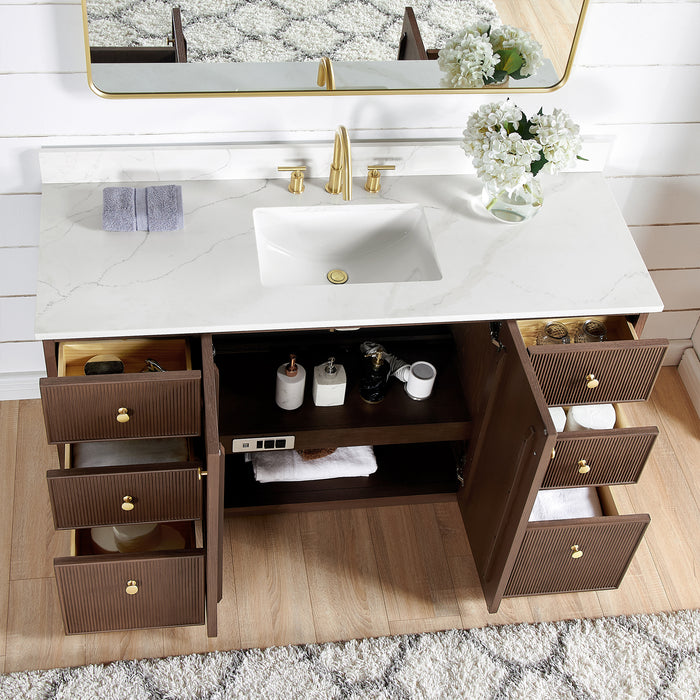 60-Inch Courant Single Sink Freestanding Bathroom Vanity - Dark Brown Oak with Fish Maw White Quartz & Matching Mirror