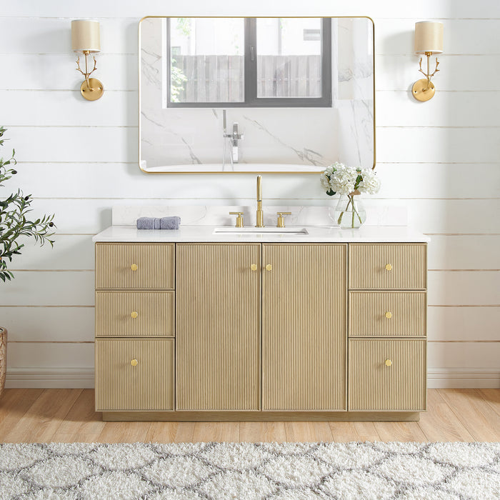 60 Inch Crimson Solid Wood Single Vanity Freestanding Aged Natural Oak Fish Maw Quartz