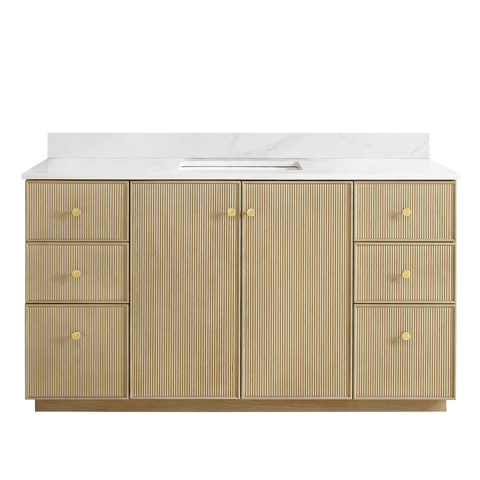 60 Inch Crimson Solid Wood Single Vanity Freestanding Aged Natural Oak Fish Maw Quartz