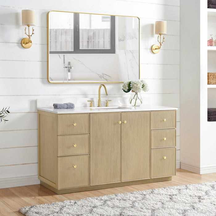 60 Inch Crimson Solid Wood Single Vanity Freestanding Aged Natural Oak Fish Maw Quartz